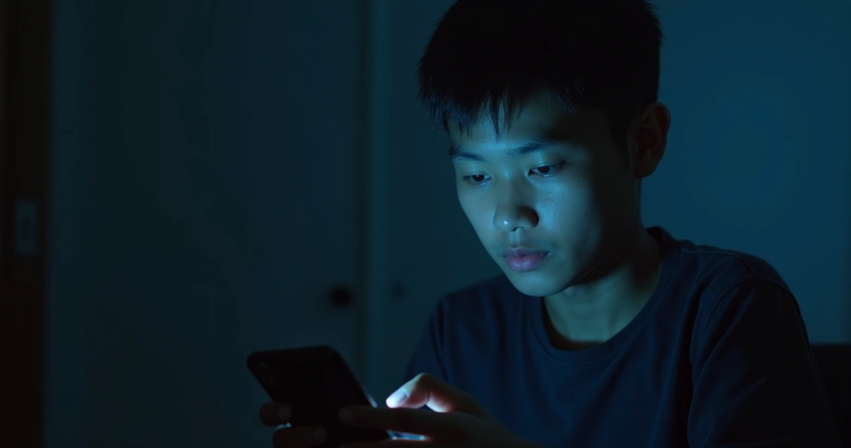 Joven observa su reflejo en la pantalla de un teléfono, luces tenues alrededor 