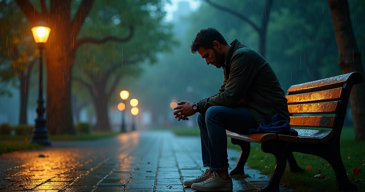 Hombre sentado en banco de parque nocturno mostrando vulnerabilidad tranquila 