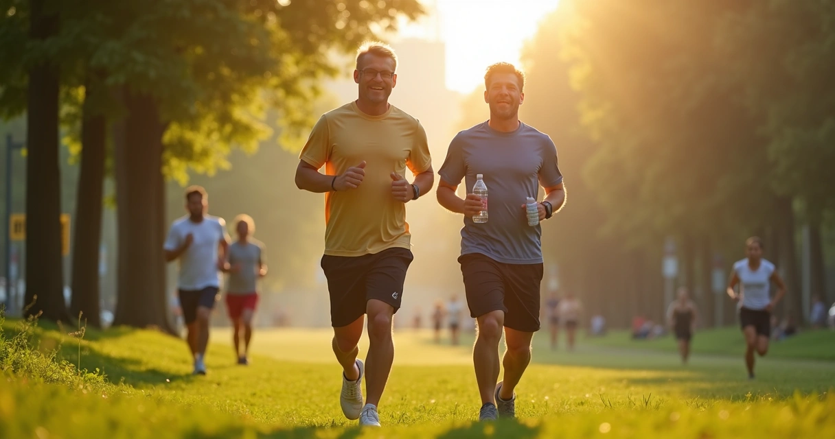 Dos hombres adultos caminando por un parque en la mañana 