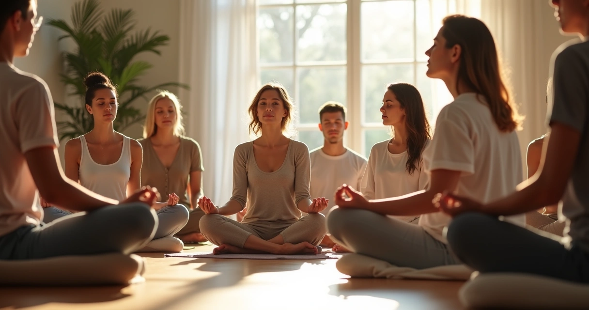 Grupo de personas meditando y reflexionando en círculo 