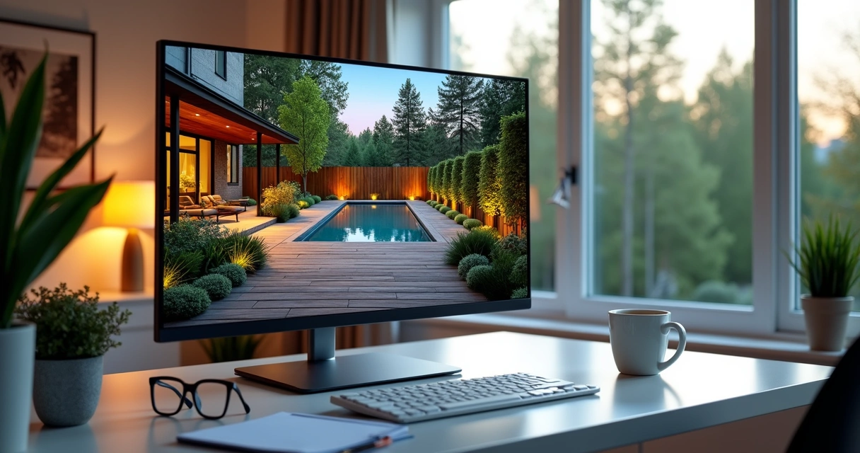 3D visualization of a backyard landscape on a computer screen