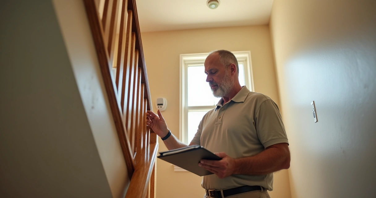 Appraiser checks handrail in a hallway. 