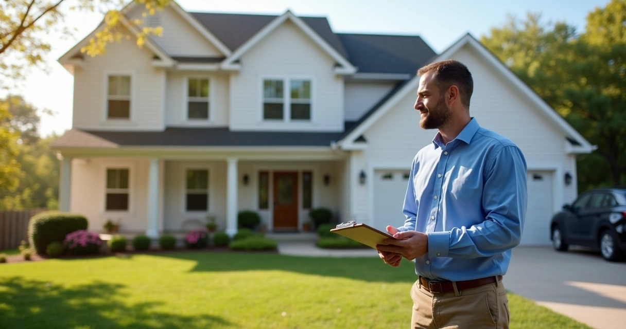 Home appraiser inspecting exterior of house with clipboard 