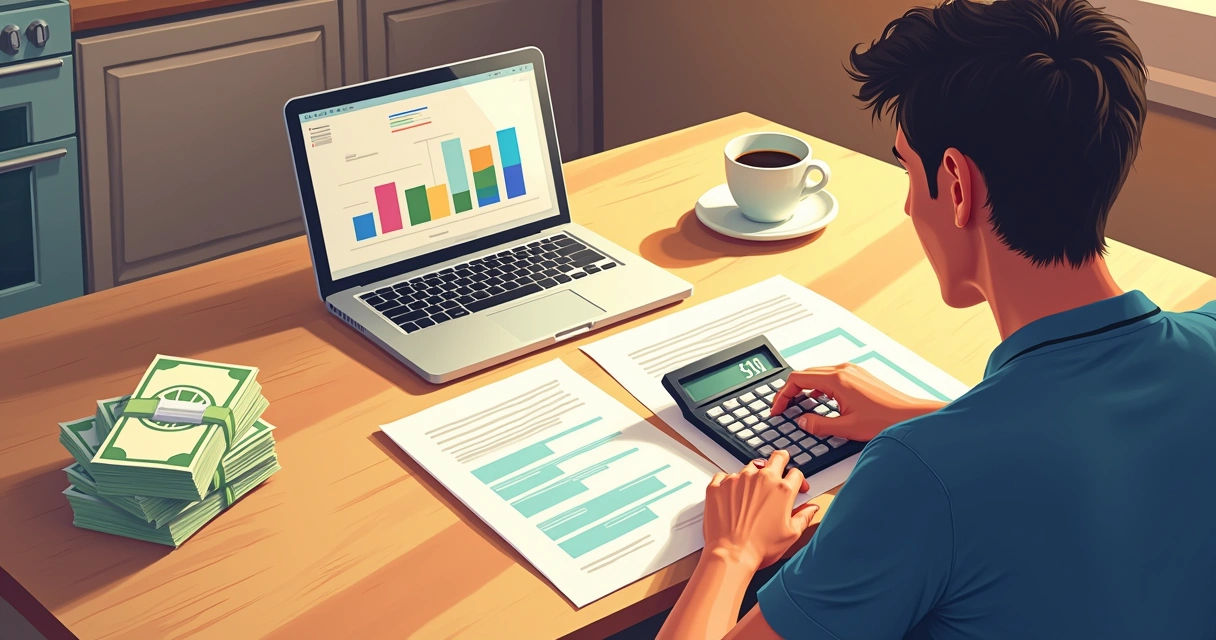 Pessoa usando uma calculadora e papelada em uma mesa de cozinha