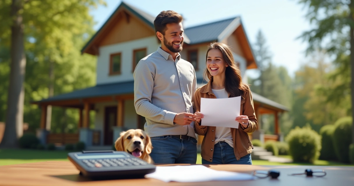 Young couple smiling with home and papers 