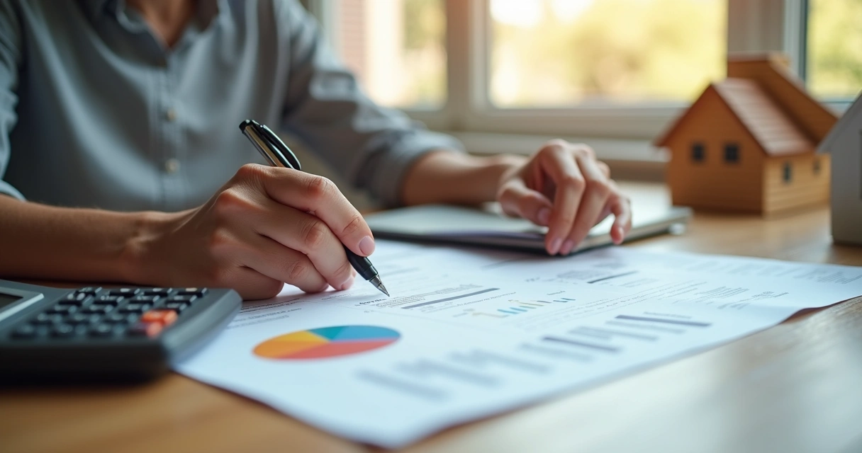 Homebuyer reviewing mortgage documents with a calculator and laptop on wooden table