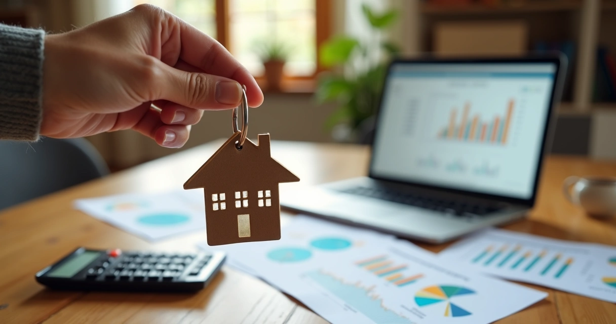 Hand holding house-shaped keychain with financial charts and calculator in background 