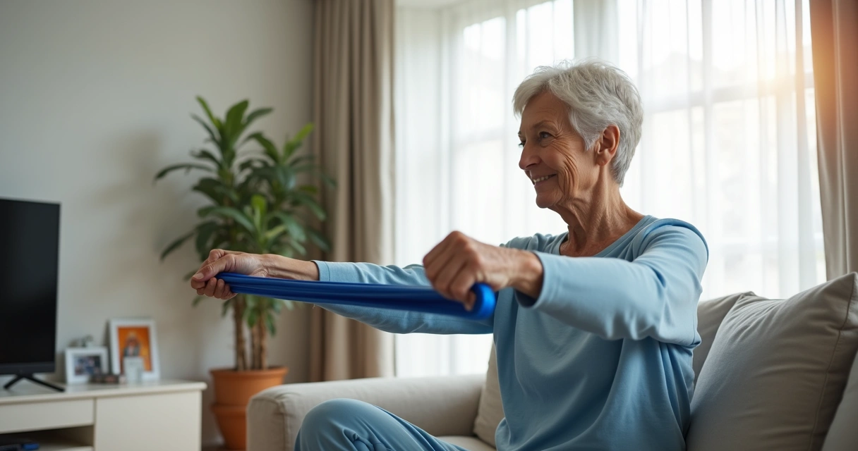 Middle-aged woman doing resistance band exercise at home 