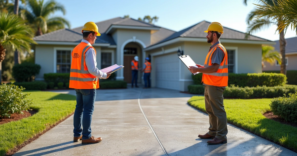 Home exterior renovation with contractors reviewing HOA permit documents outdoors 