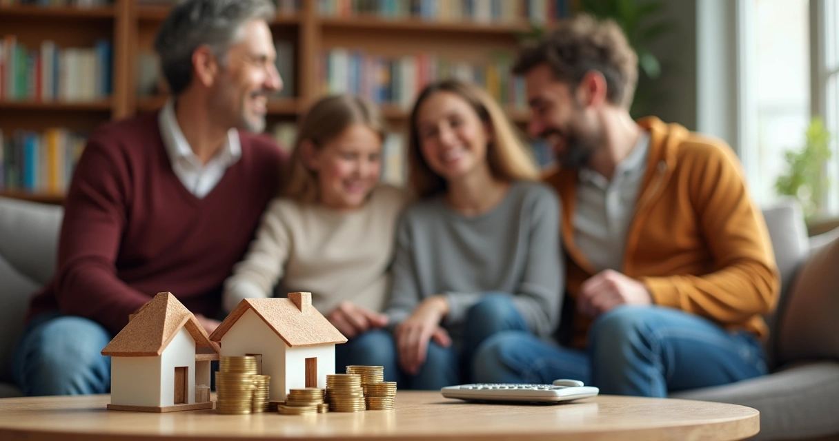 Family discussing investment growth in a cozy living room 