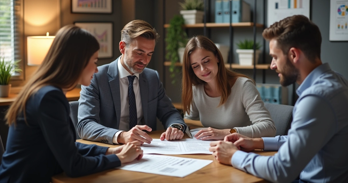 Mortgage specialist consulting couple about home loan 