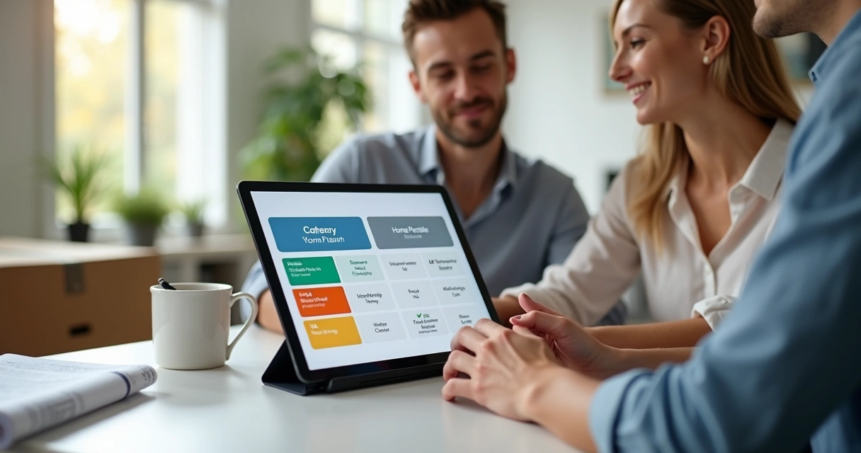 Couple viewing digital comparison of home loan programs in living room 