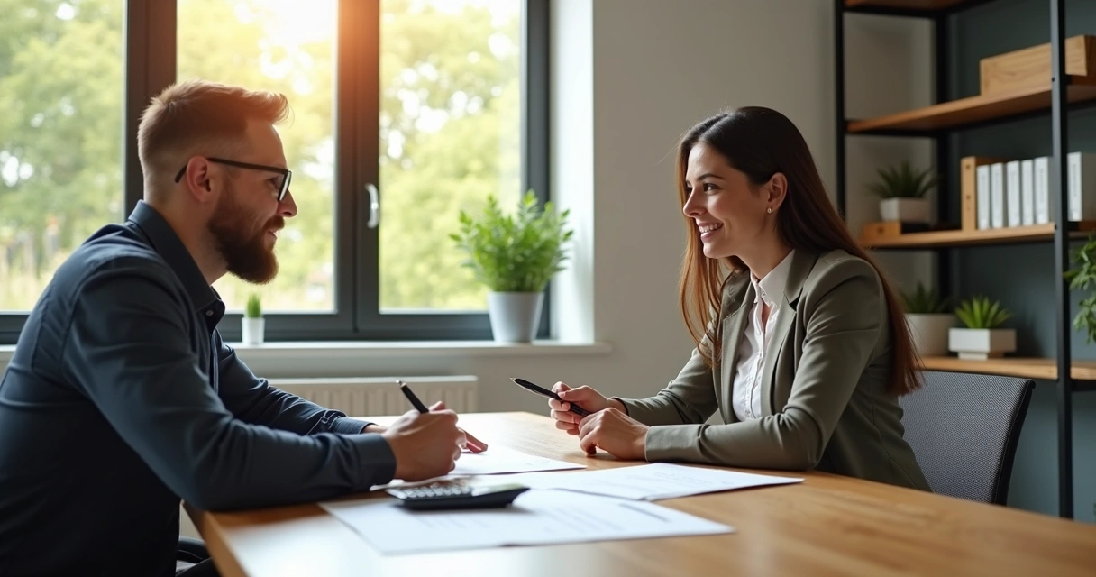 Financial advisor showing mortgage documents to homeowner at table