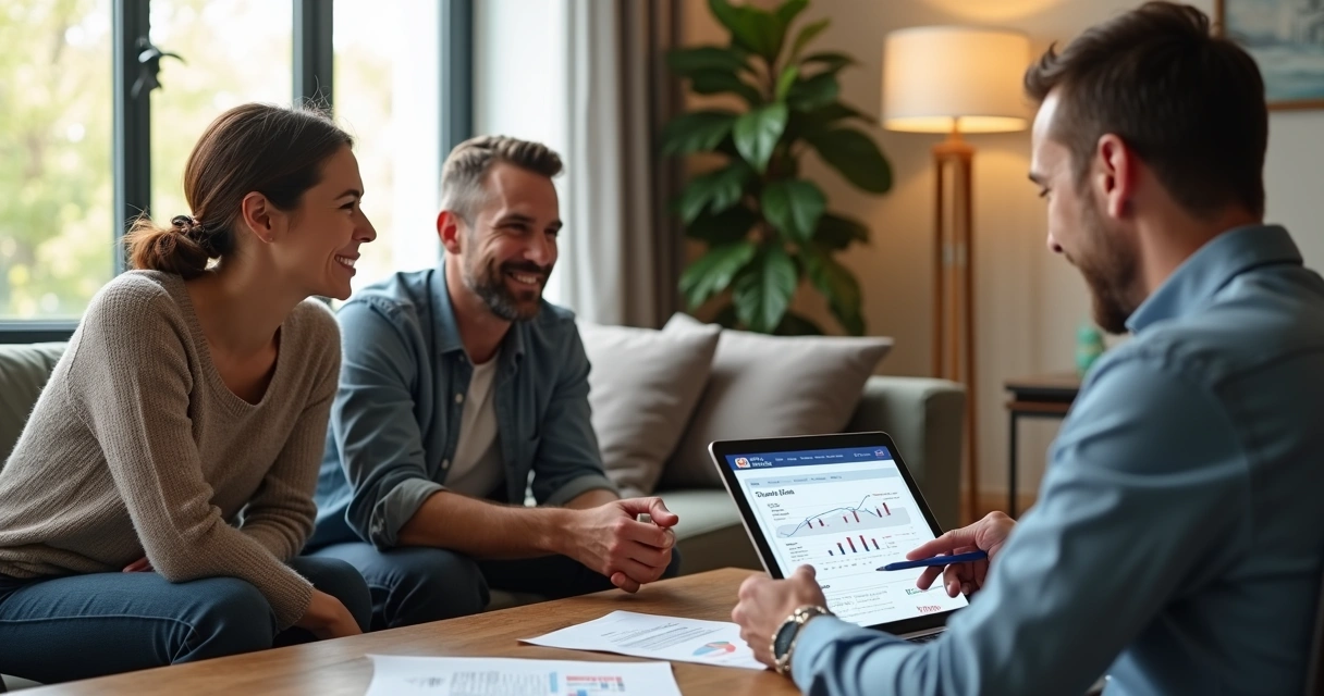 Couple discussing mortgage refinancing options with financial adviser at home 