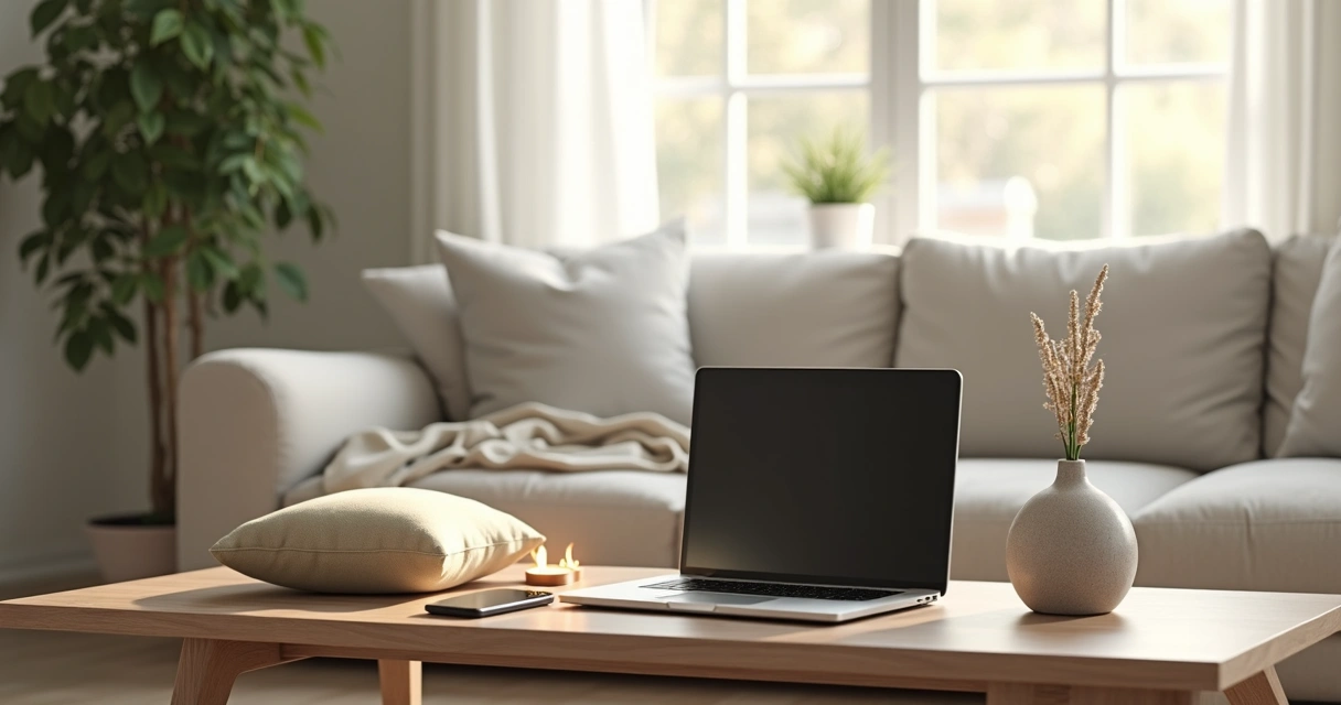 Ambiente de casa modernizado com itens de meditação, plantas e tecnologia juntos em harmonia.