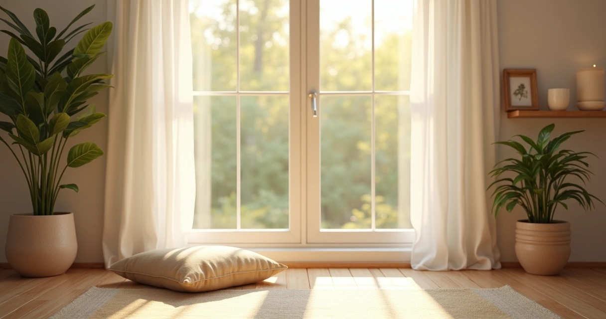 Home meditation corner with natural light, floor cushion, and simple decor 