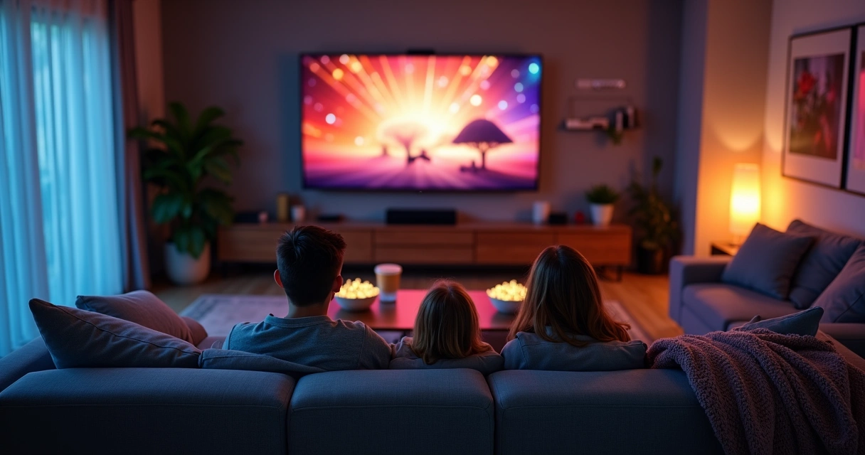 Família assistindo a um filme junta em uma tela grande em uma sala de estar aconchegante.