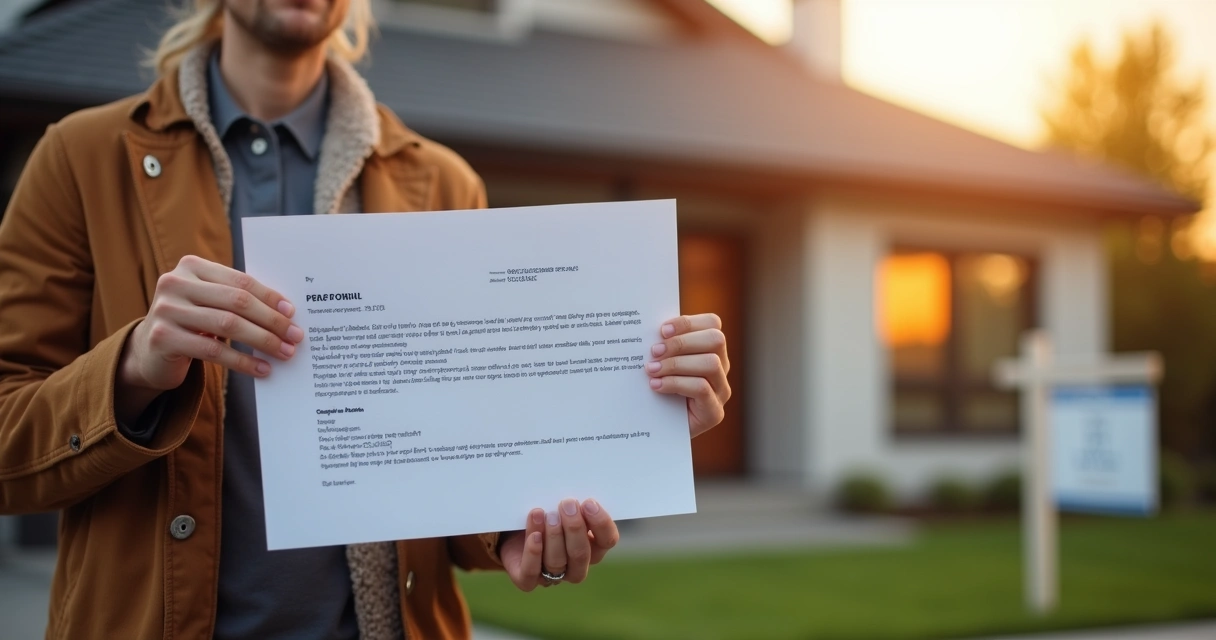 Person holding a pre-approval letter in front of a house 