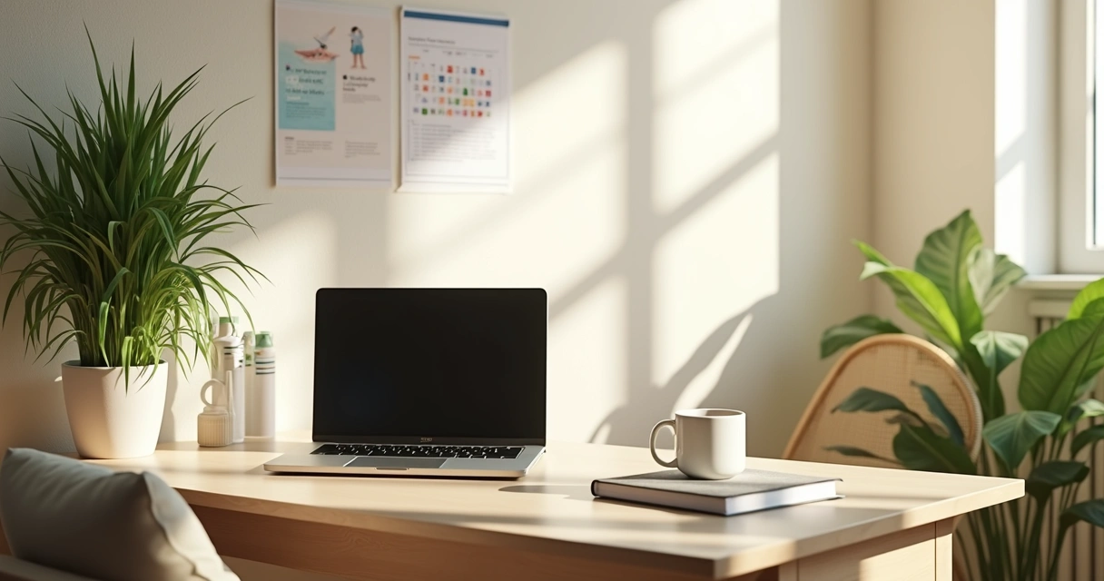 Ambiente saudável de home office com organização e plantas