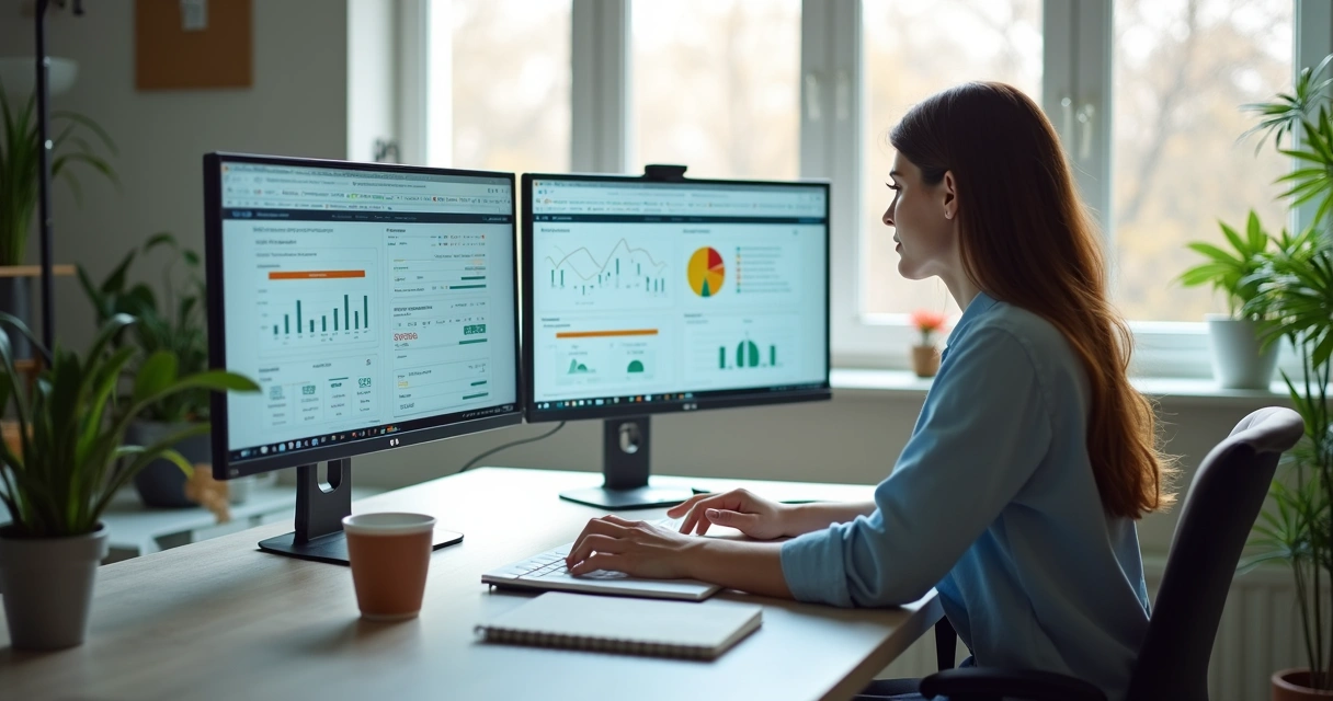 Pessoa trabalhando em home office com telas digitais 