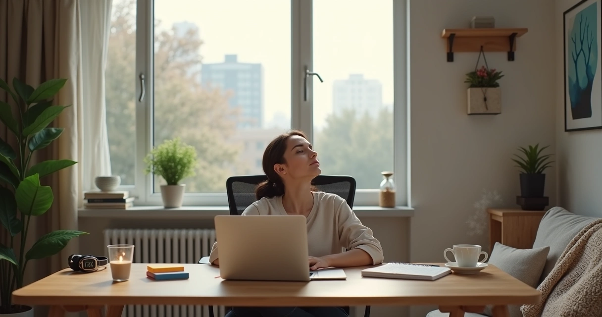 Pessoa em home office equilibrando trabalho no notebook com momentos de autocuidado 