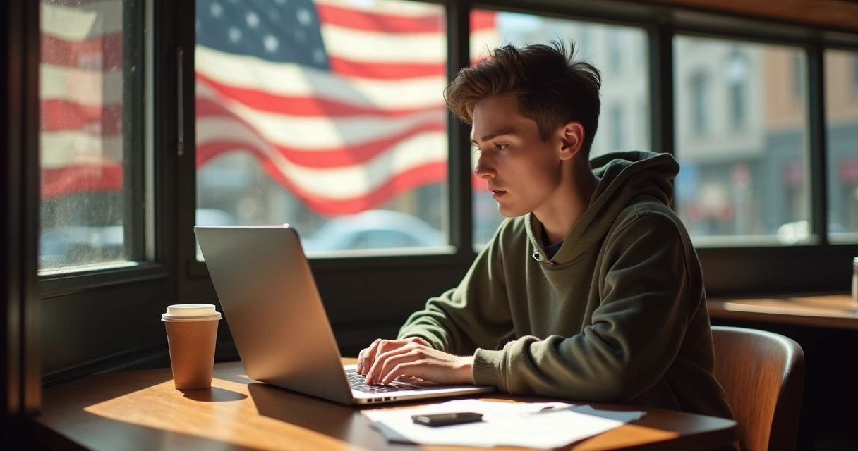 Pessoa trabalhando em laptop em um café, com bandeira dos EUA ao fundo.