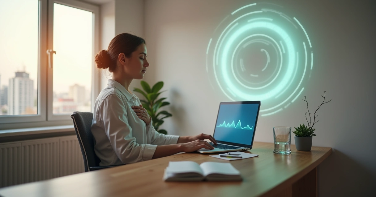 Profissional em home office alinhando foco entre mente e corpo 