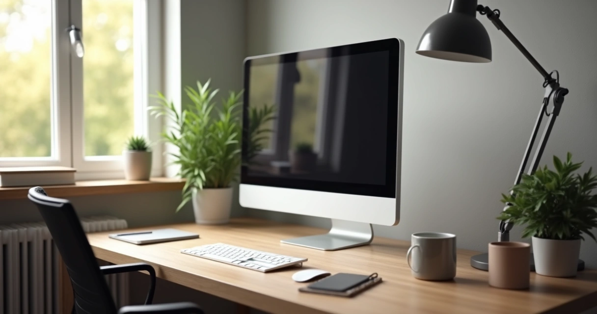 Espaço de home office com computador em mesa de madeira
