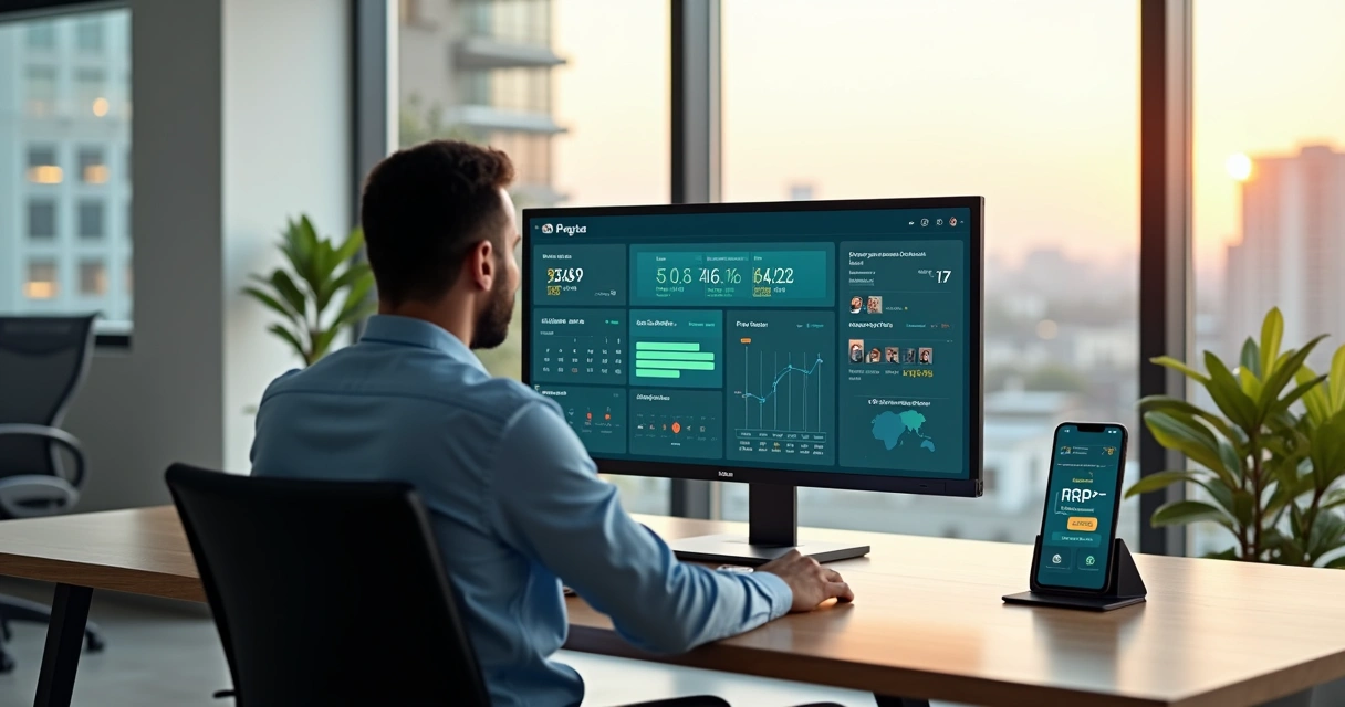 Gestor acompanha painel de controle de ponto enquanto colaborador trabalha em home office 
