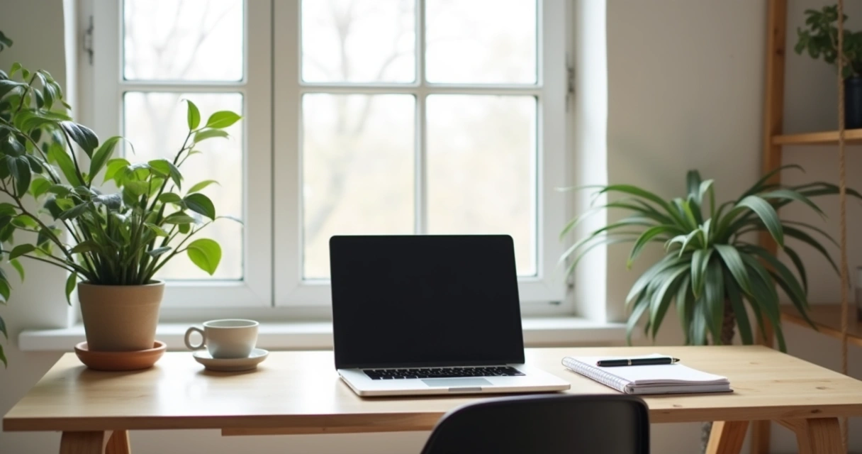 Neat home office desk setup with notebook and cup