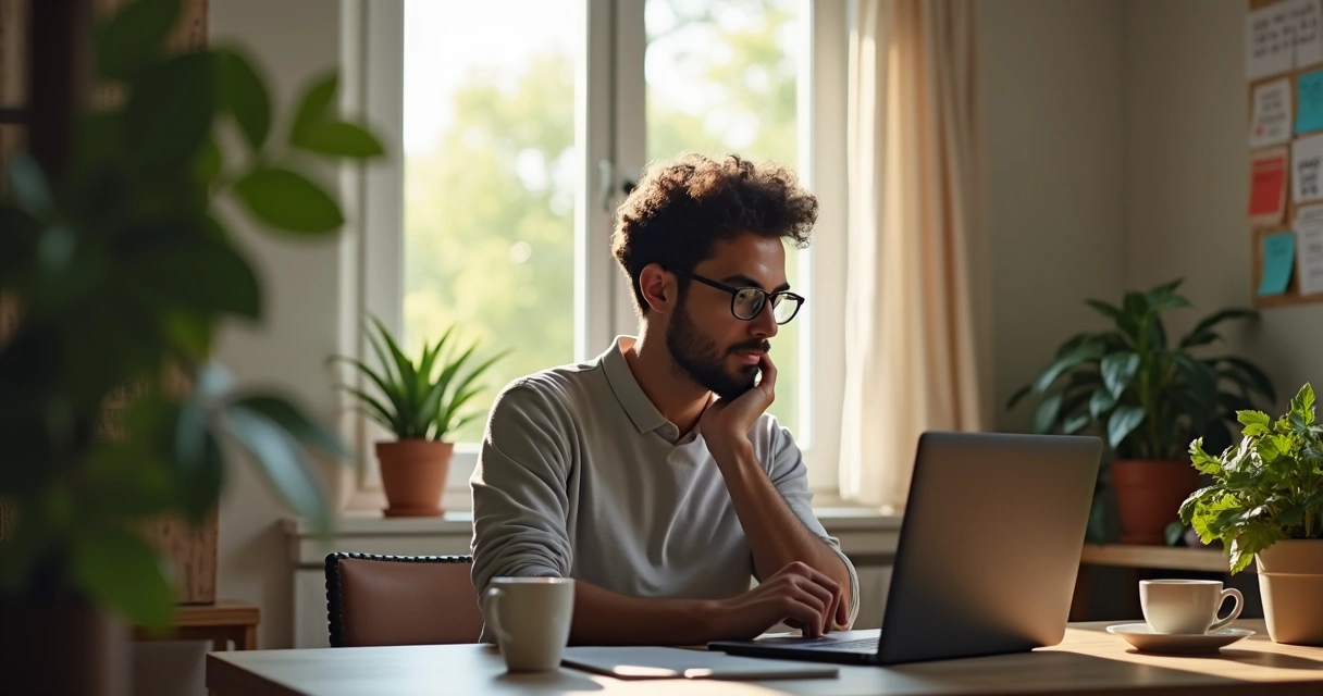 Pessoa em home office olhando para tela do computador com expressão reflexiva 