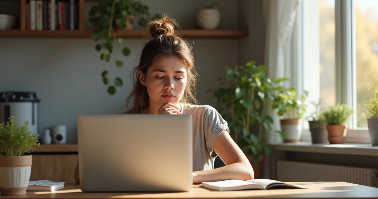 Pessoa trabalhando no home office com expressão pensativa, luz natural e computador à frente 