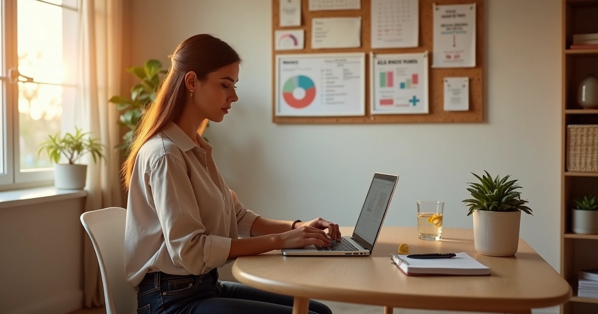 Empreendedora em home office organizado com painel de metas na parede 