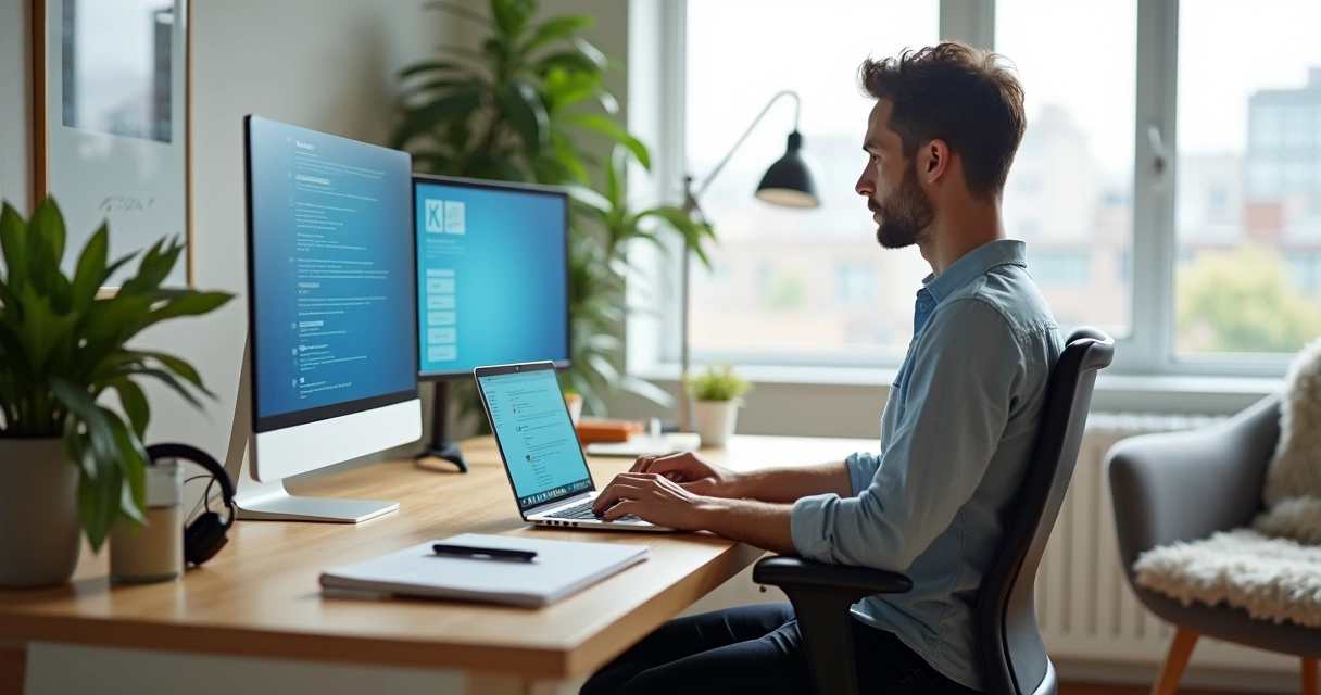 Pessoa trabalhando em home office com ambiente organizado e expressão tranquila 