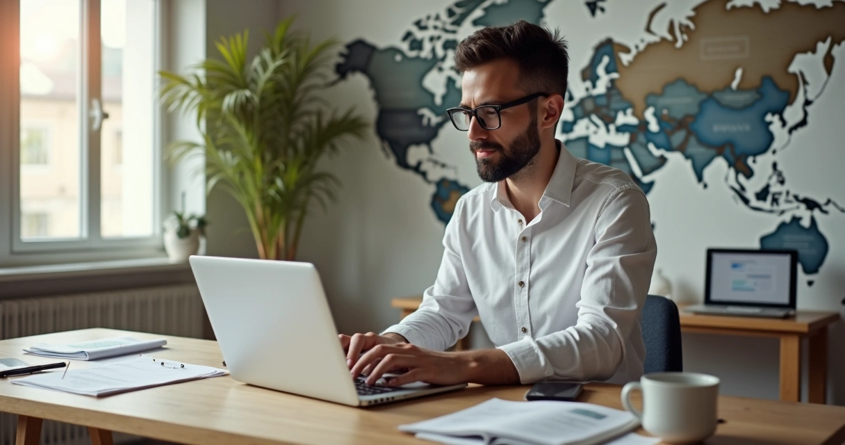 Pessoa trabalhando em notebook com mapa mundi ao fundo 