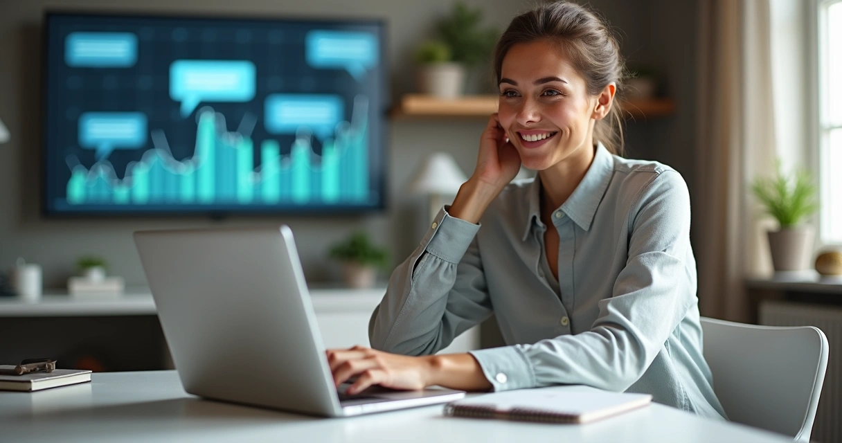 Mulher sorrindo em home office, usando laptop com gráficos digitais ao fundo 