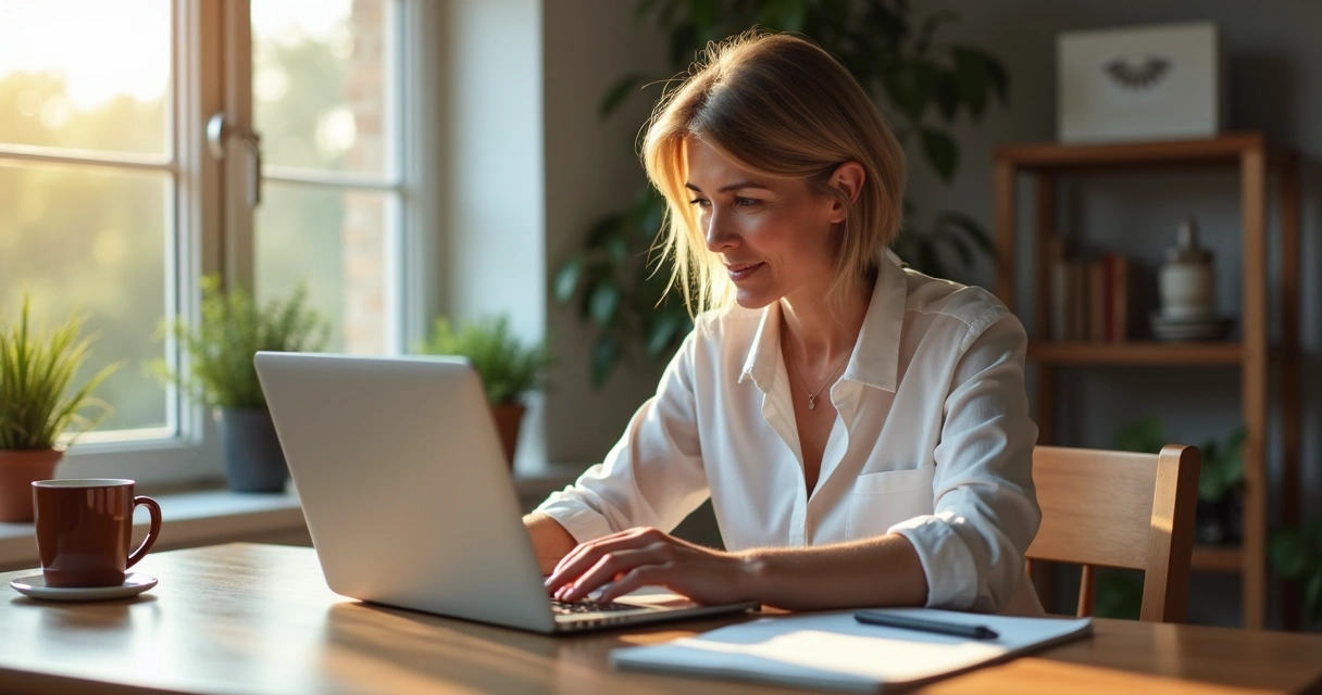 Mulher trabalhando em um notebook em home office, caneca ao lado 