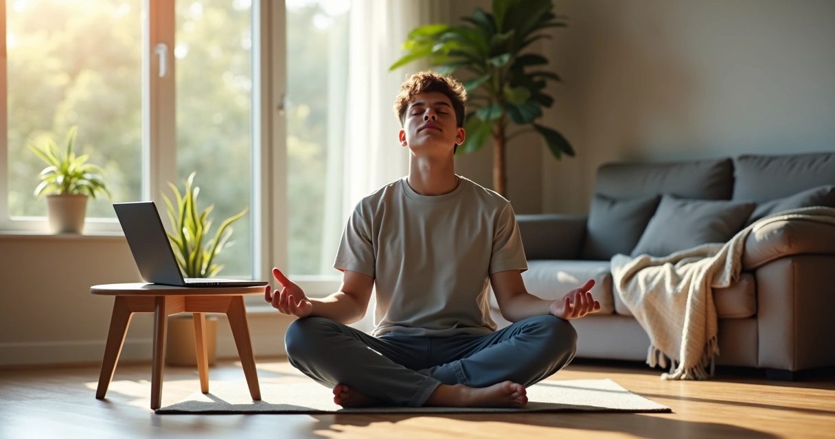 Jovem fazendo respiração profunda sentado em casa com notebook ao lado 