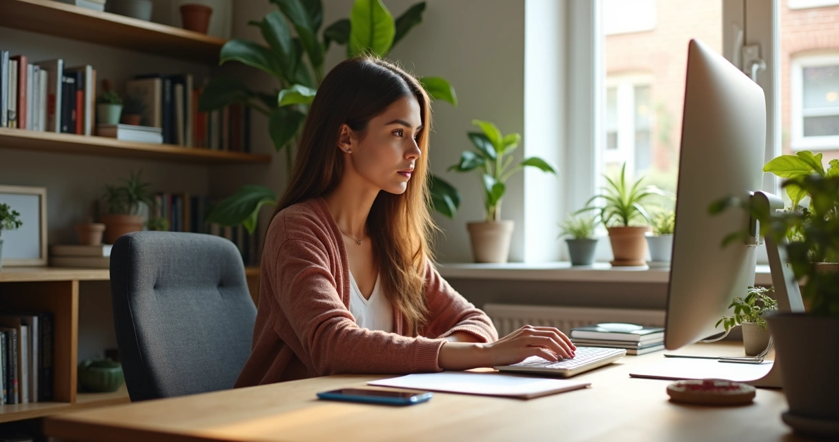 Woman working at a tidy home office desk 