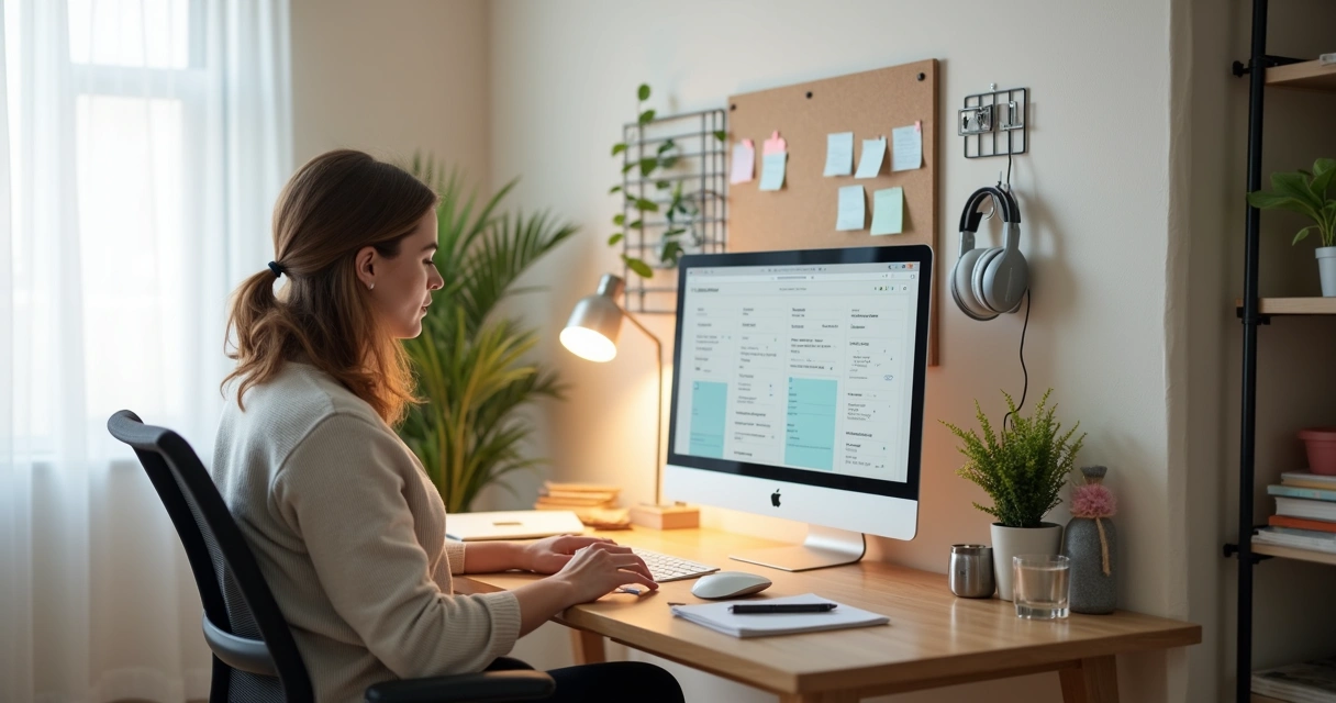 Mulher trabalhando em home office em escrivaninha organizada com computador e blocos de notas 