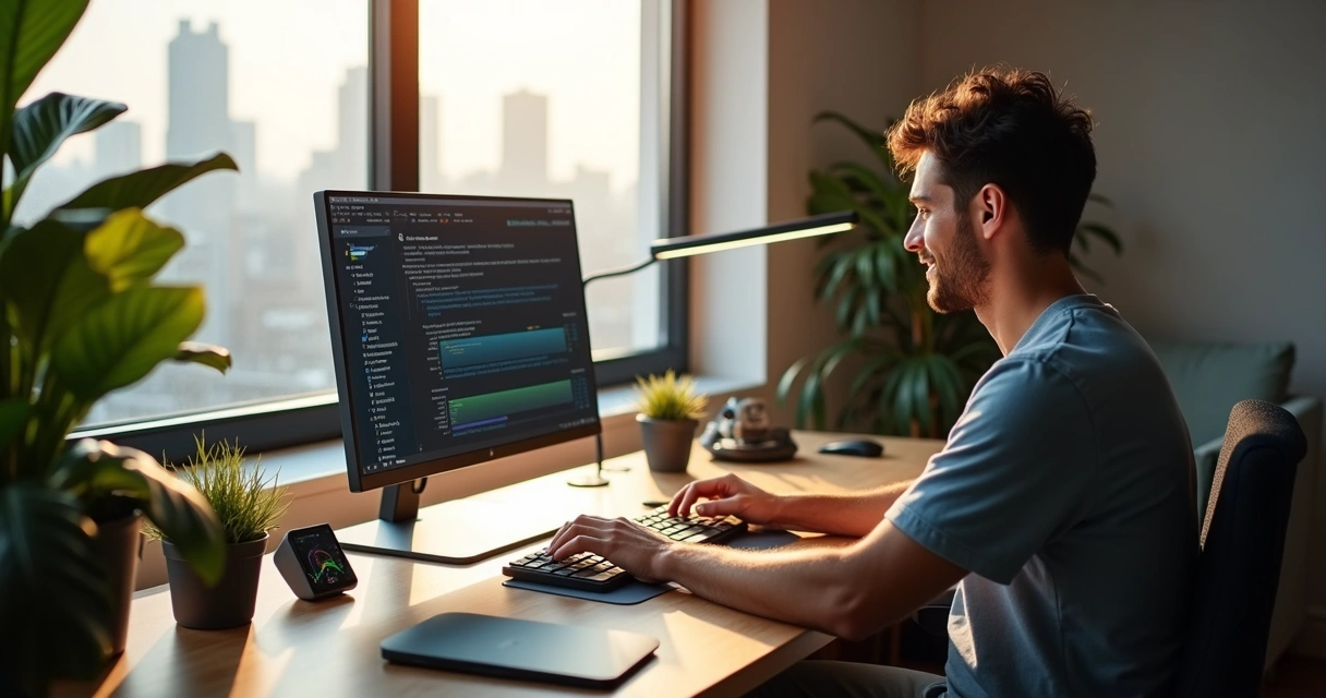 Pessoa trabalhando em home office com tecnologia moderna em 2026