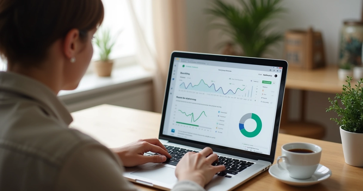 Pessoa trabalhando em home office usando notebook em ambiente tranquilo 