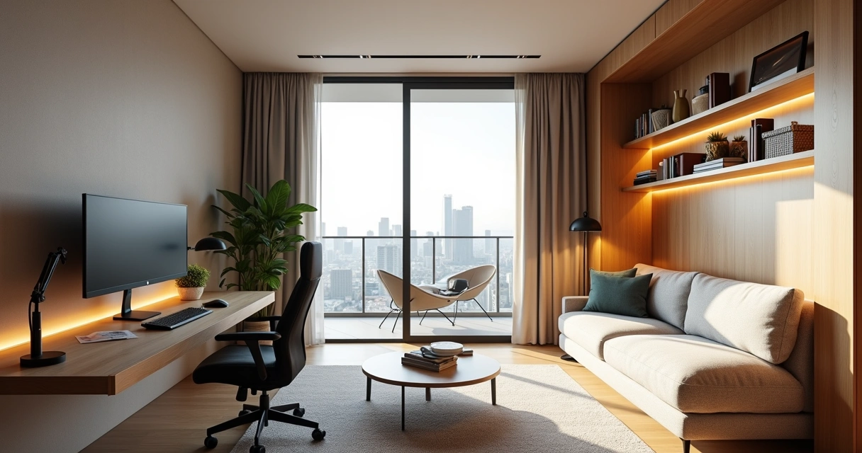 Sala residencial integrada com home office moderno em espaço multiuso 