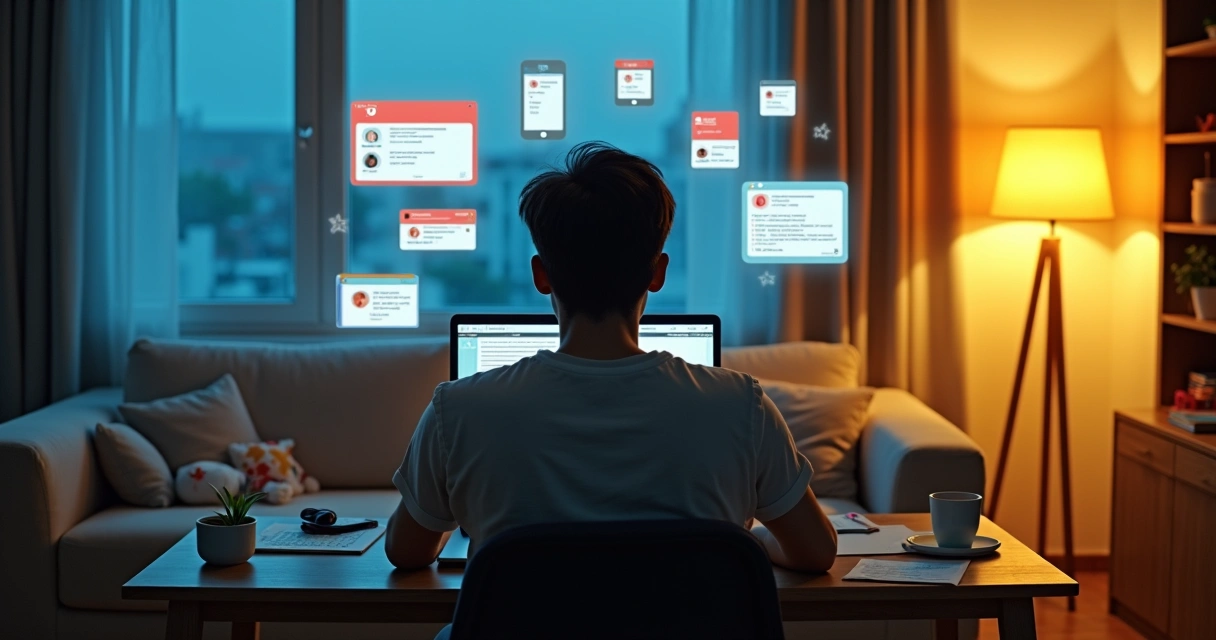 Profissional em home office cercado por ícones de notificações e tarefas acumuladas 