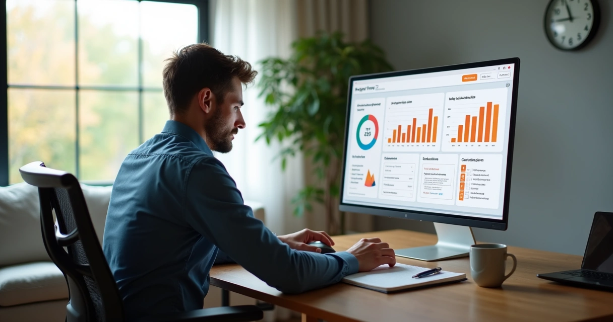 Profissional em home office analisando gráficos de riscos psicossociais no computador 