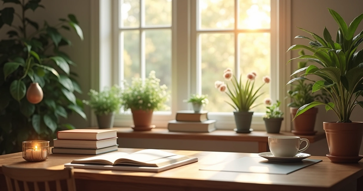 Ambiente de home office organizado com plantas e itens de bem-estar no escritório 