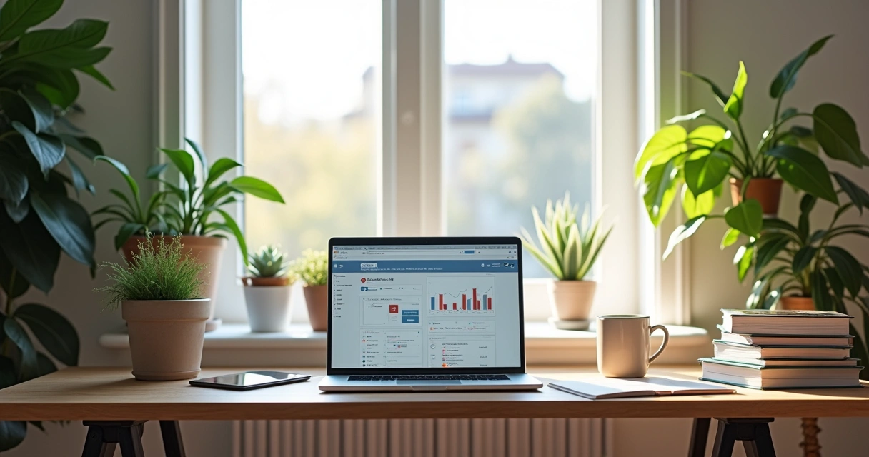 Mesa de trabalho home office organizada, notebook aberto e plantas ao redor 