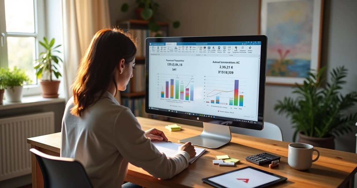 Pessoa em home office analisando simulacao de financiamento no computador 