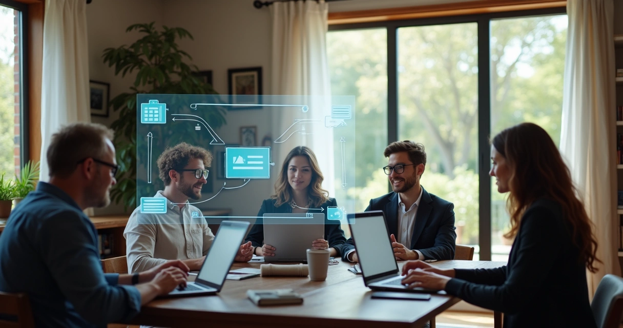 Equipe de TI trabalhando remotamente, cada um em ambiente diferente, conectados à mesma plataforma digital 