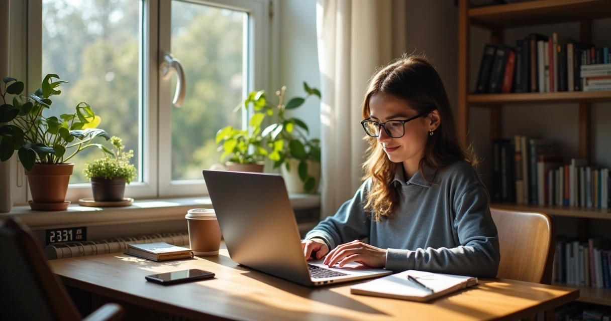 Trabalhador freelancer sentado em mesa em casa com notebook, xícara e bloco de notas
